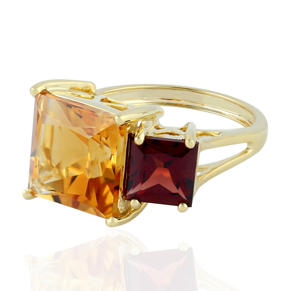 Square Cut Citrine Garnet Gemstone Two Stone Ring In 14K Yellow Gold