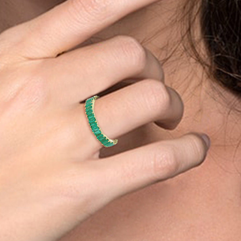 Baguette Cut Emerald Gemstone Eternity Band Ring In 18K Yellow Gold