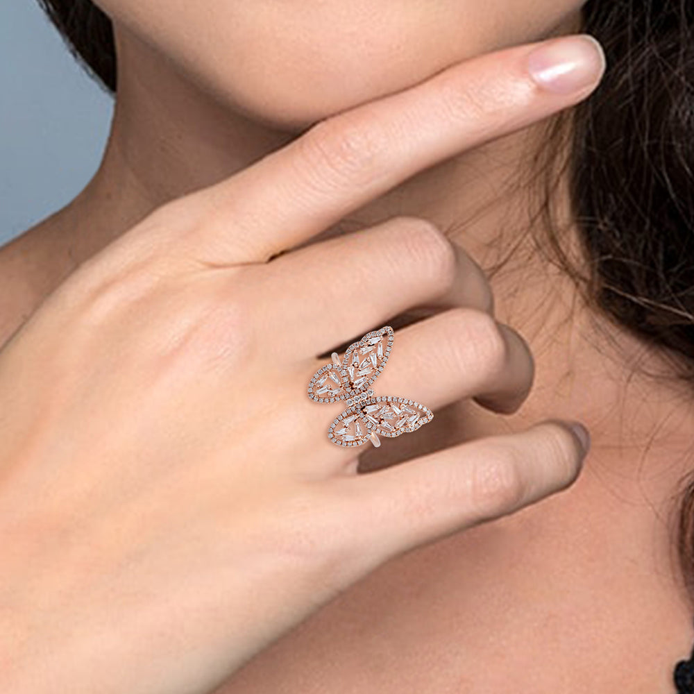 Baguette Cut Diamond Butterfly Designer Ring In 18K Rose Gold