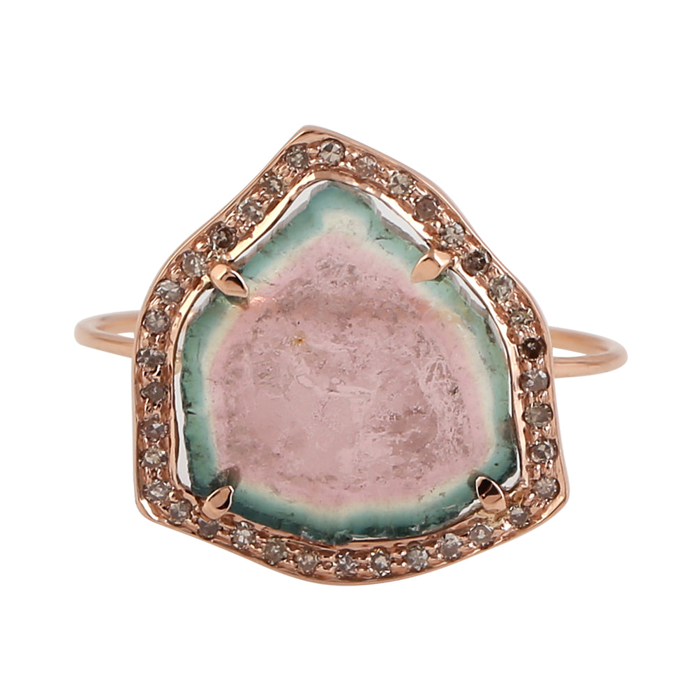 Unshaped Tourmaline With Pave Diamond Gemstone Cocktail Ring Jewelry In 14k Rose Gold For Her