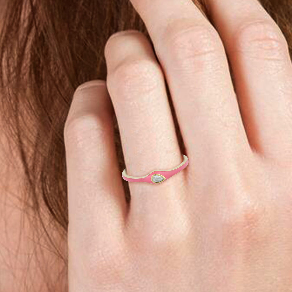 14K Yellow Gold Bezel Rose Cut Diamond Pink Enamel Band Ring