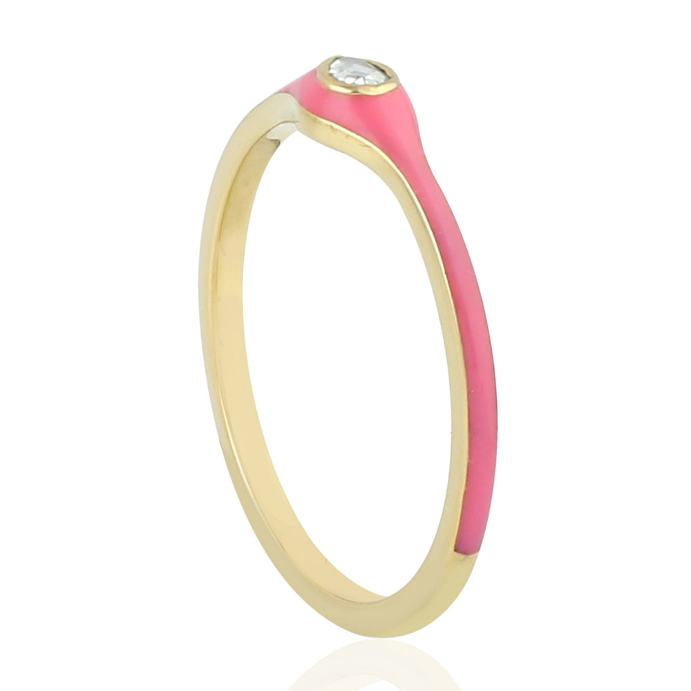 14K Yellow Gold Bezel Rose Cut Diamond Pink Enamel Band Ring