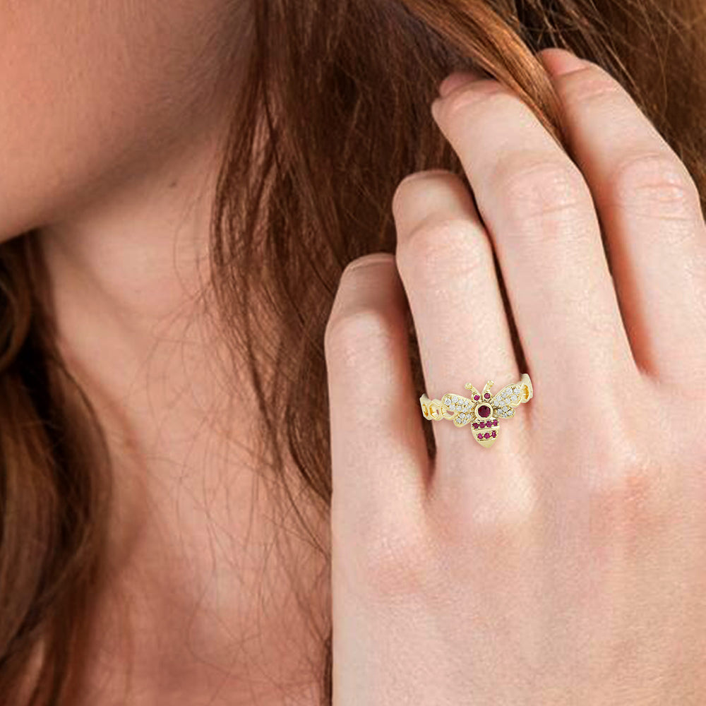 14K Yellow Gold Prong Ruby Pave Diamond Honey Bee Band Ring