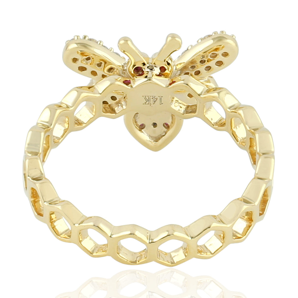 14K Yellow Gold Prong Ruby Pave Diamond Honey Bee Band Ring
