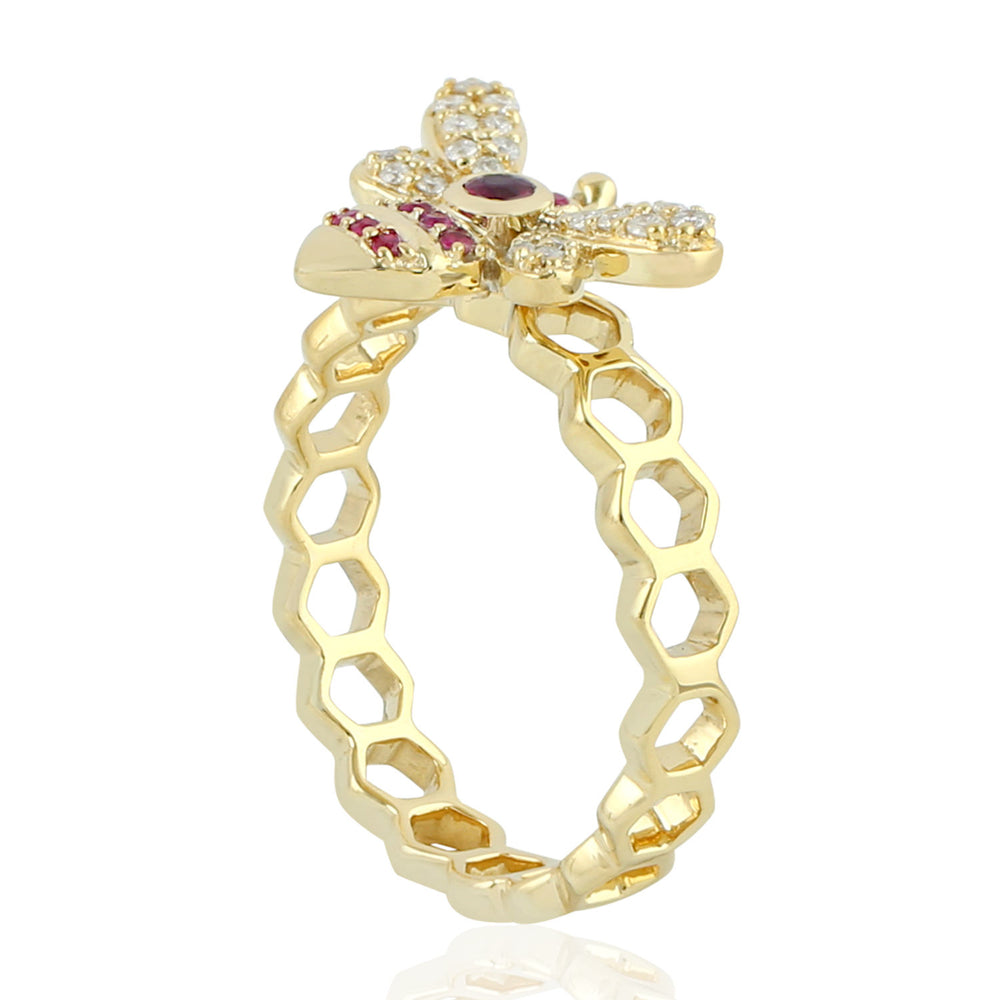 14K Yellow Gold Prong Ruby Pave Diamond Honey Bee Band Ring