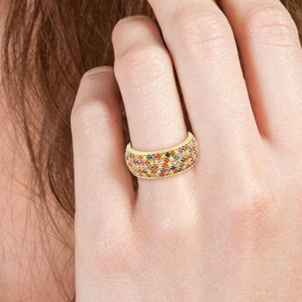 Multi Sapphire Gemstone Wide Designer Band Ring In 18K Yellow Gold