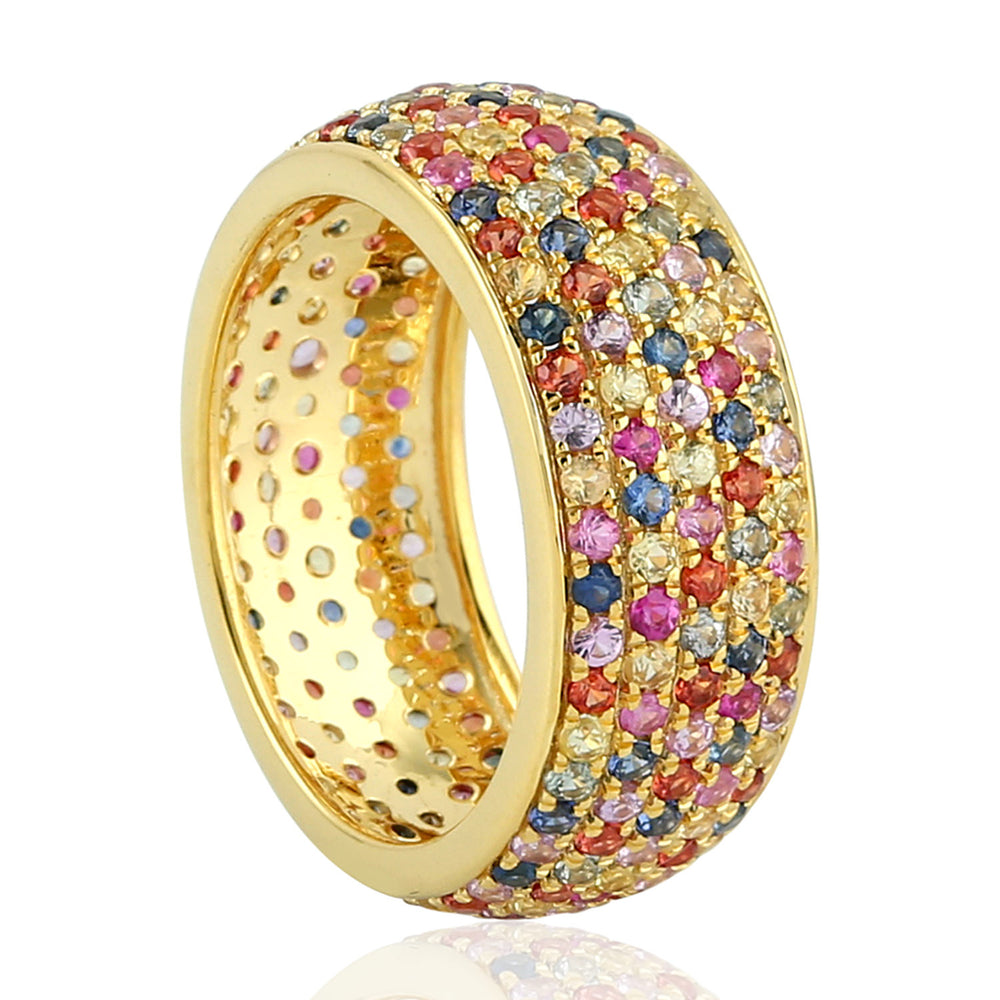Multi Sapphire Gemstone Wide Designer Band Ring In 18K Yellow Gold