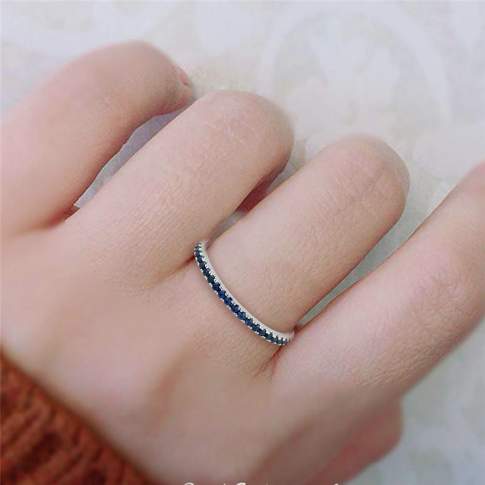Blue Sapphire Gemstone Thin Band Ring In 18K White Gold For Her