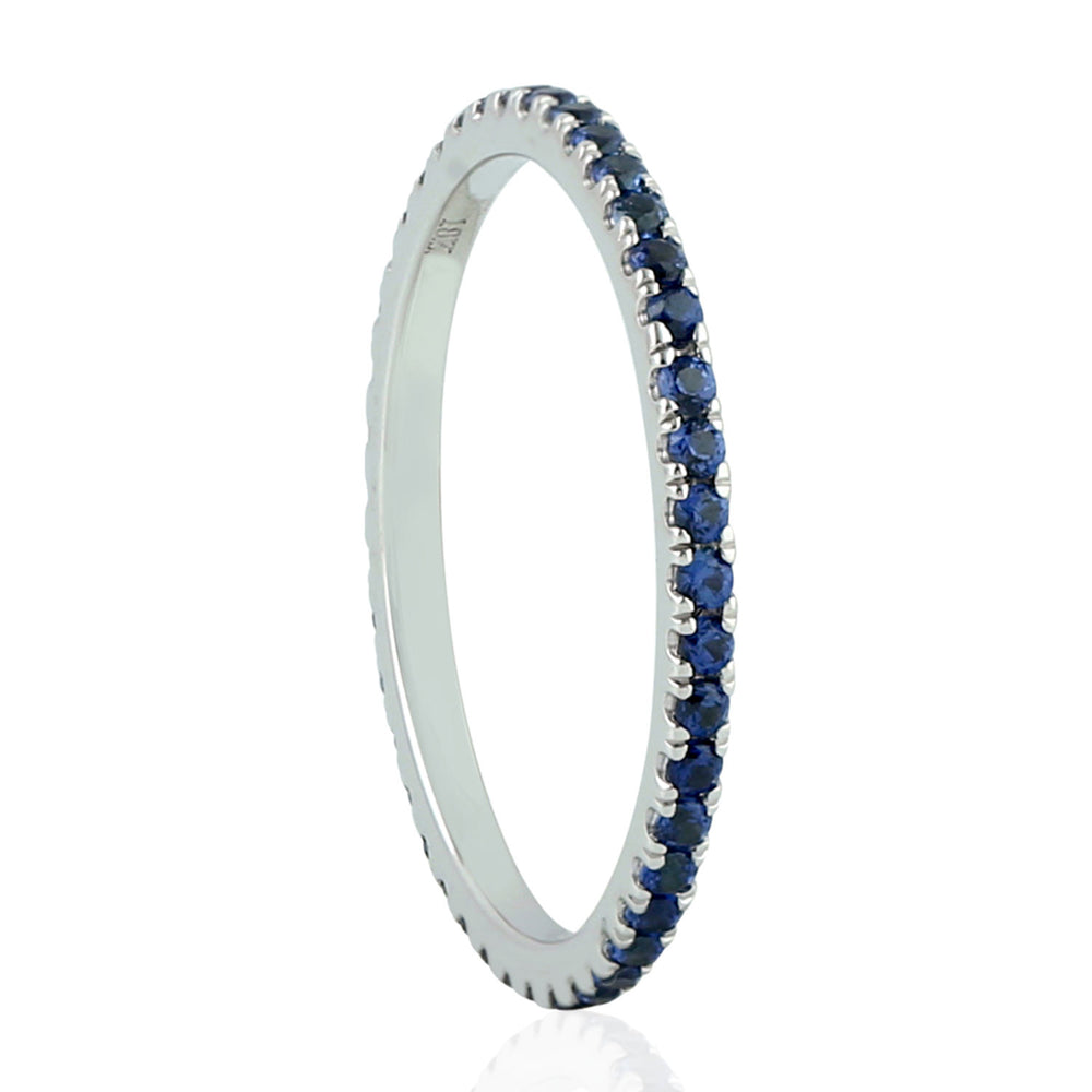Blue Sapphire Gemstone Thin Band Ring In 18K White Gold For Her