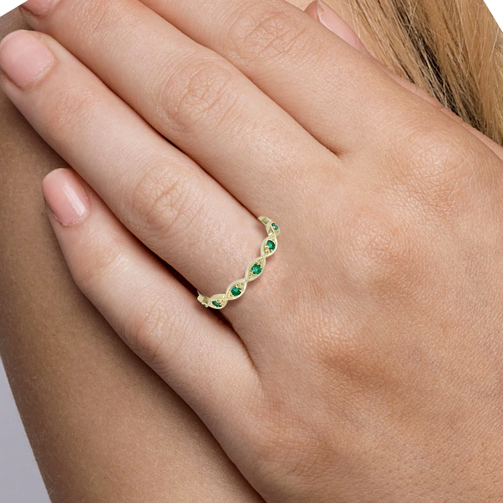 Prong Emerald Gemstone Designer Band Ring In Yellow Gold
