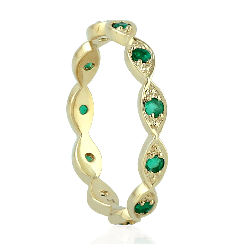 Prong Emerald Gemstone Designer Band Ring In Yellow Gold