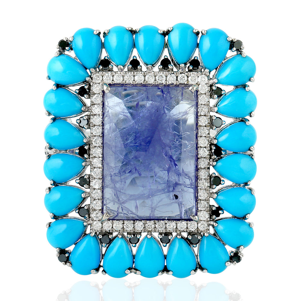 Pear Cut Turquoise Square Cut Tanzanite Pave Diamond In White Gold Cocktail Ring