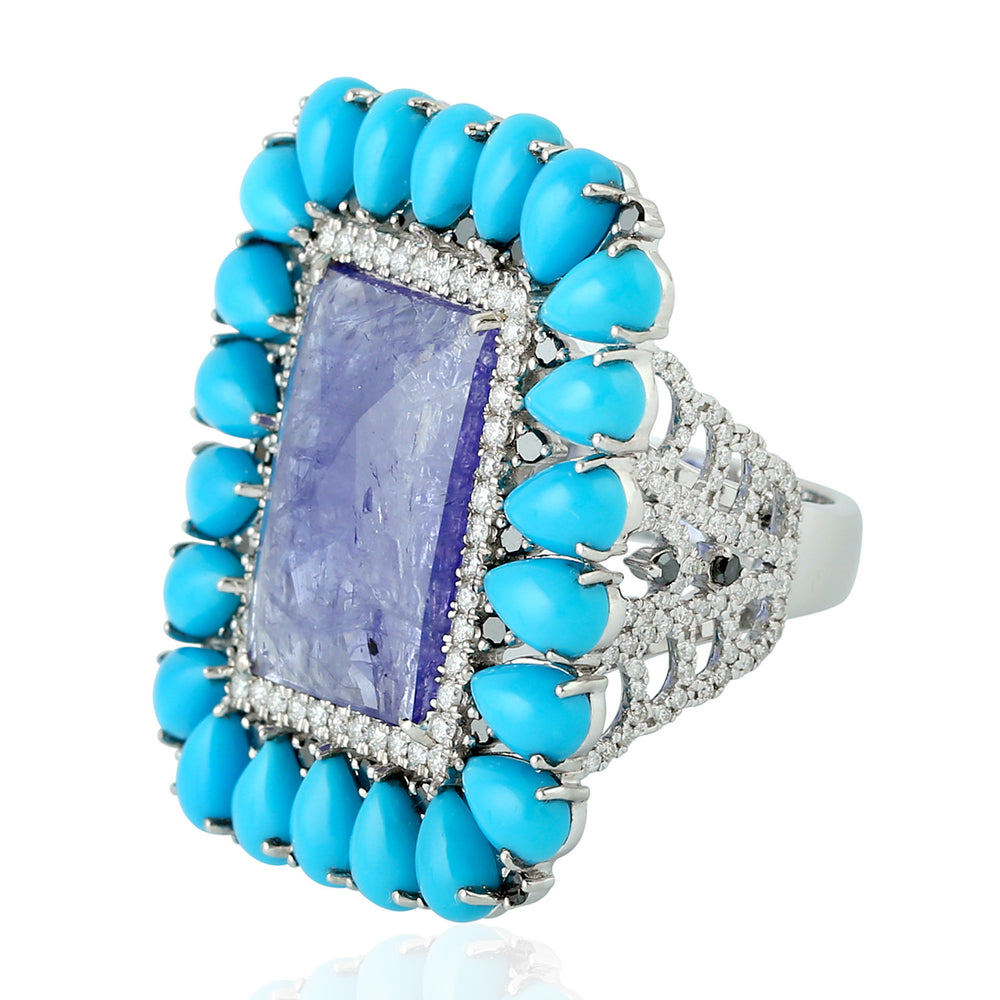 Pear Cut Turquoise Square Cut Tanzanite Pave Diamond In White Gold Cocktail Ring