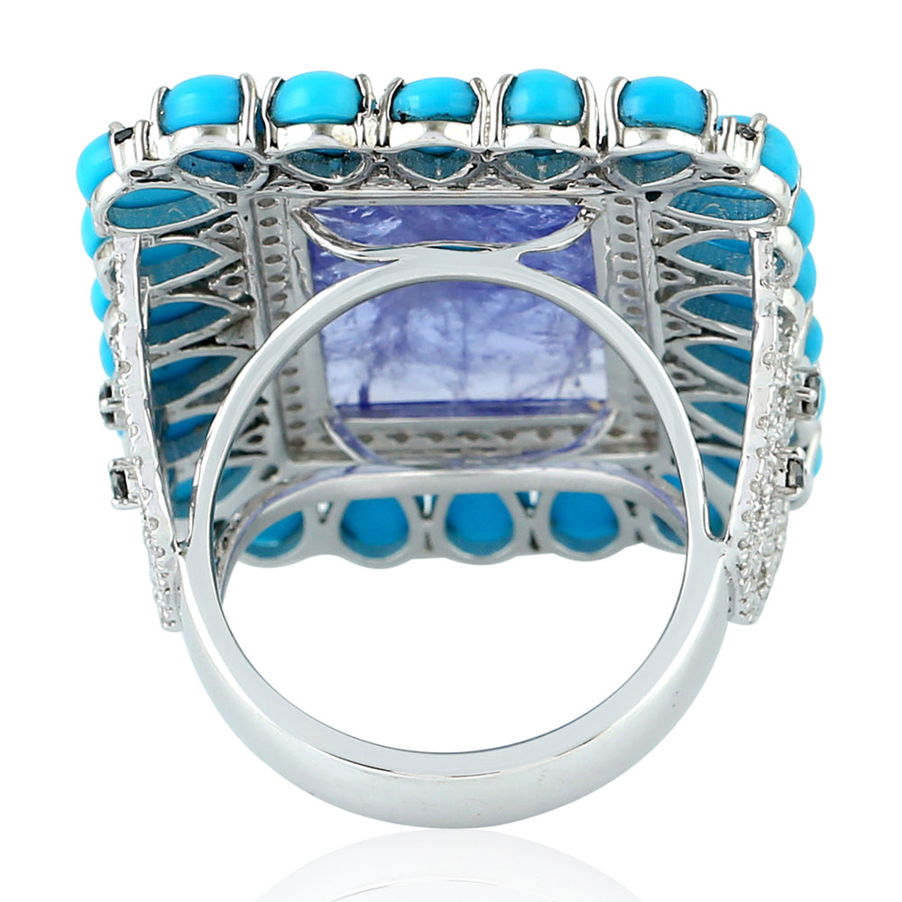 Pear Cut Turquoise Square Cut Tanzanite Pave Diamond In White Gold Cocktail Ring