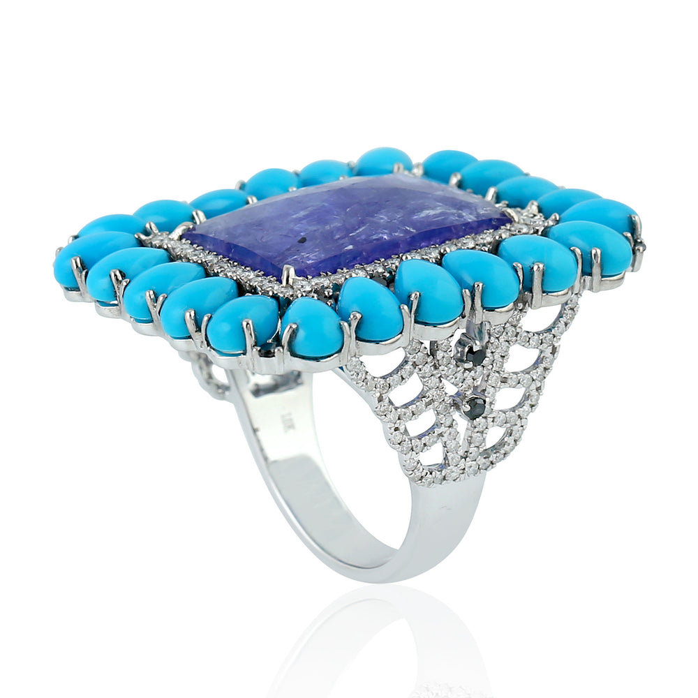 Pear Cut Turquoise Square Cut Tanzanite Pave Diamond In White Gold Cocktail Ring