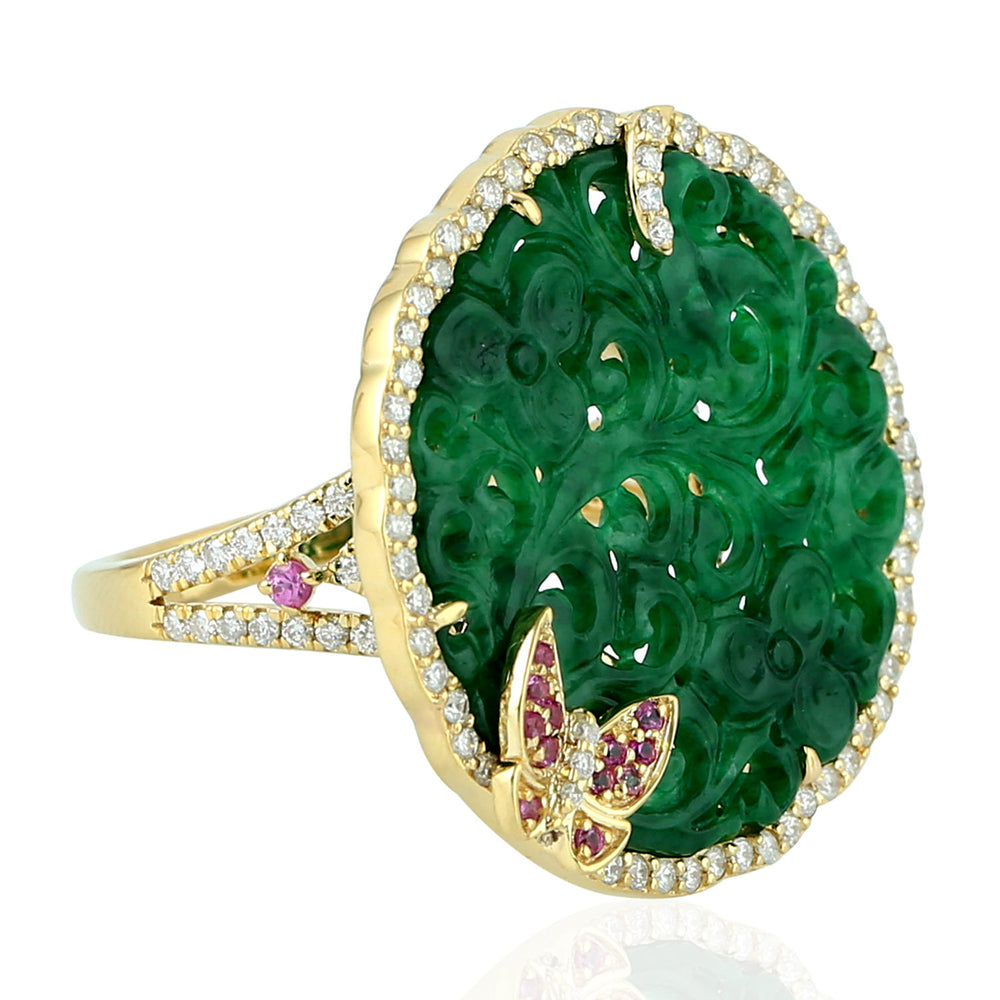 Carving Jade Pink Sapphire Gemstone Pave Diamond Butterfly Cocktail Ring In Gold