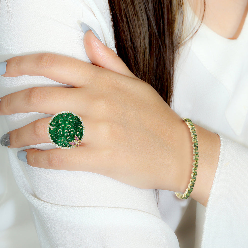 Carving Jade Pink Sapphire Gemstone Pave Diamond Butterfly Cocktail Ring In Gold