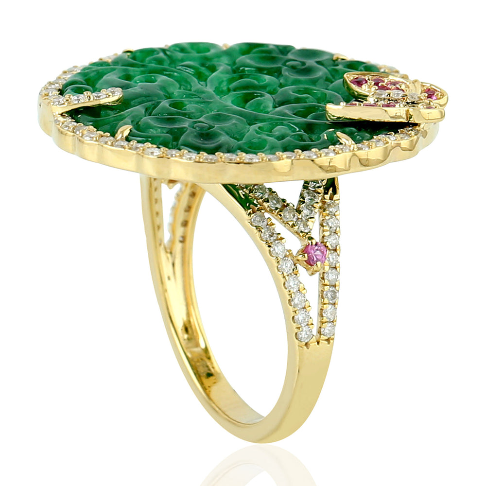 Carving Jade Pink Sapphire Gemstone Pave Diamond Butterfly Cocktail Ring In Gold