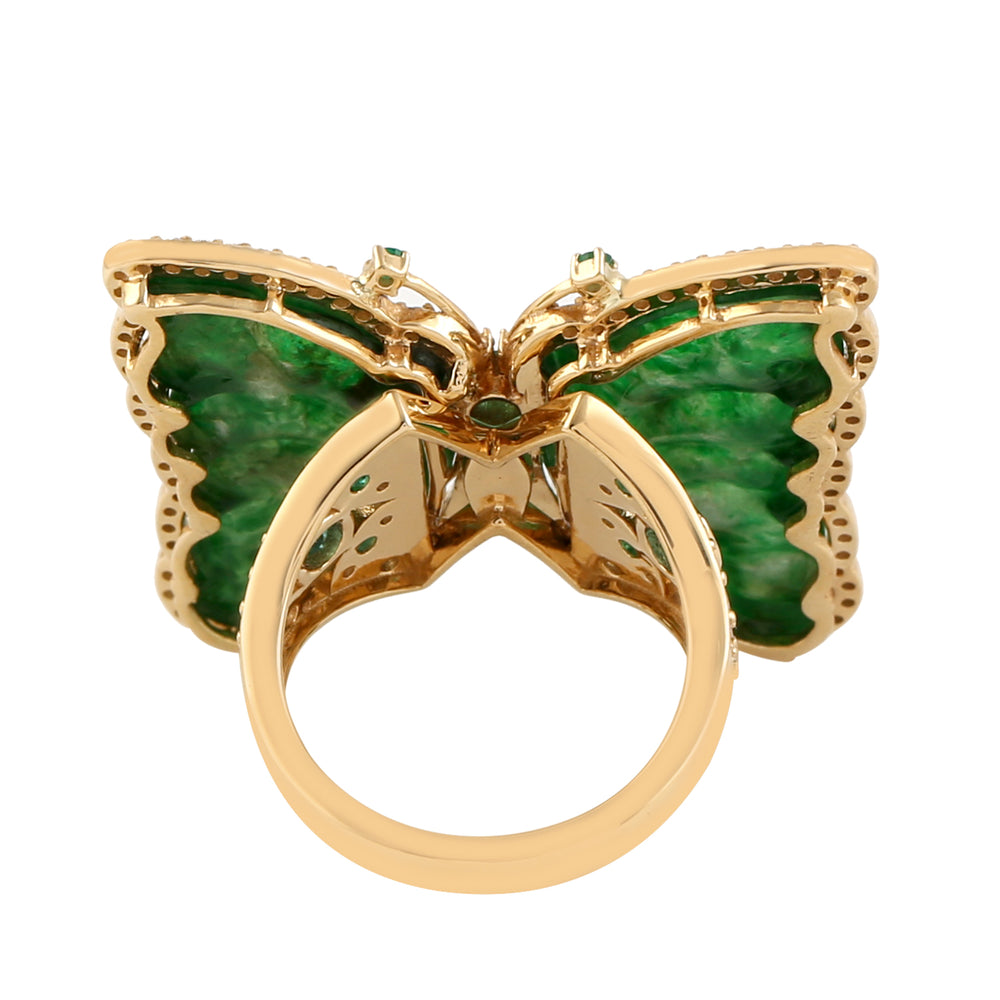 18k Yellow Gold Carved Jade Emerald Gemstone Pave Diamond Butterfly Ring
