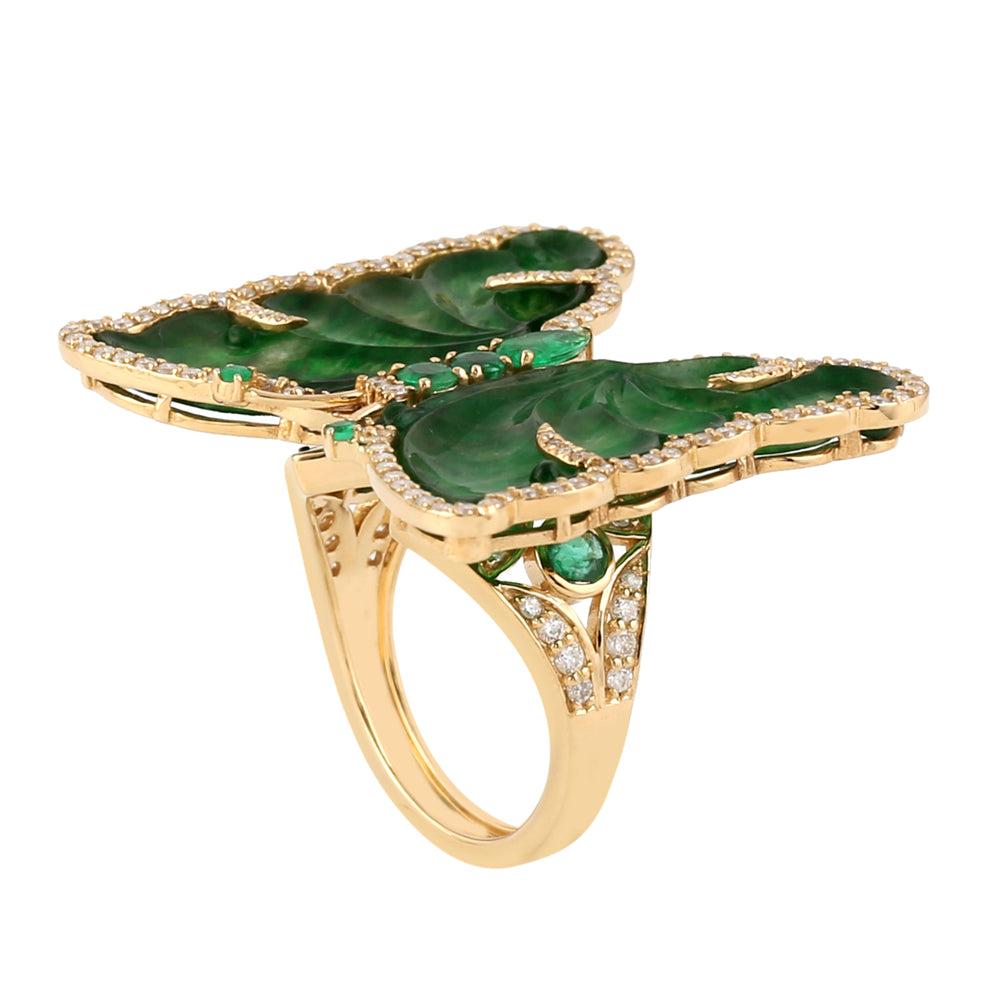 18k Yellow Gold Carved Jade Emerald Gemstone Pave Diamond Butterfly Ring