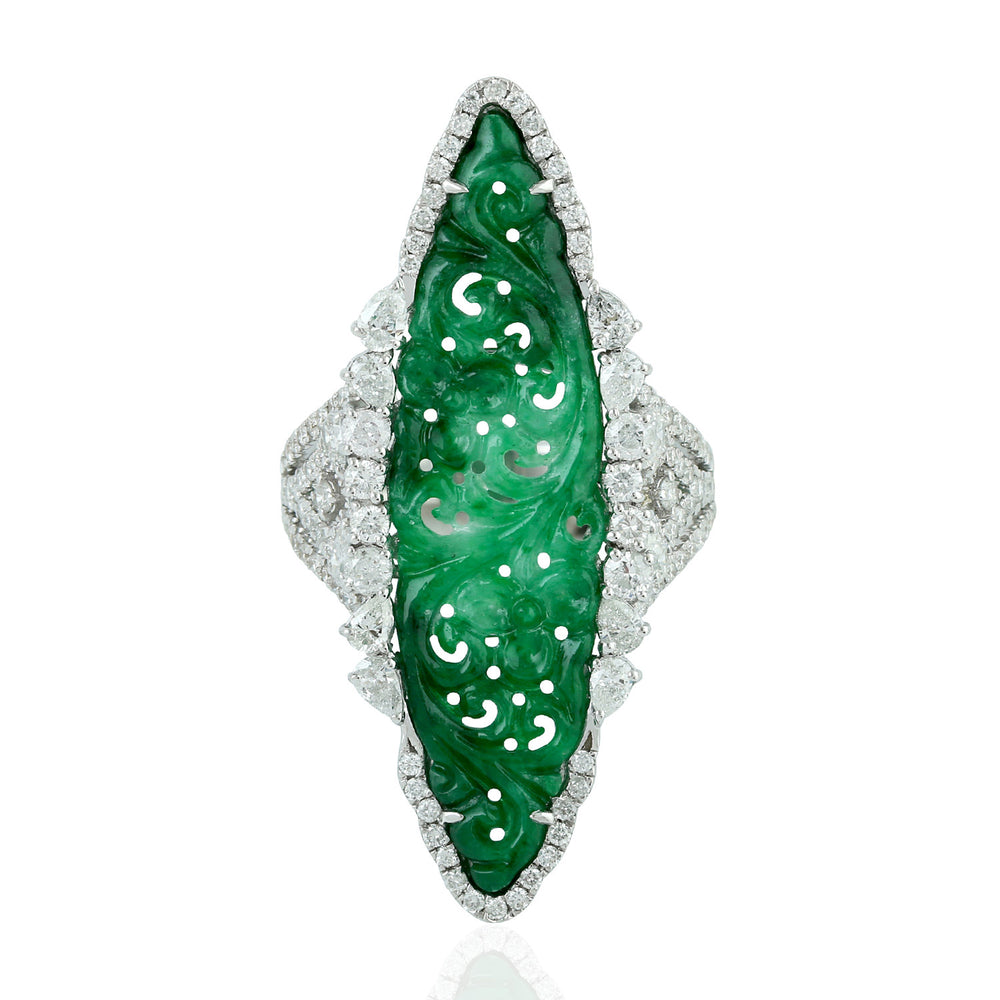 Handcarved Filigree Jade Diamond Marquise Shape Long Ring In 18k White Gold