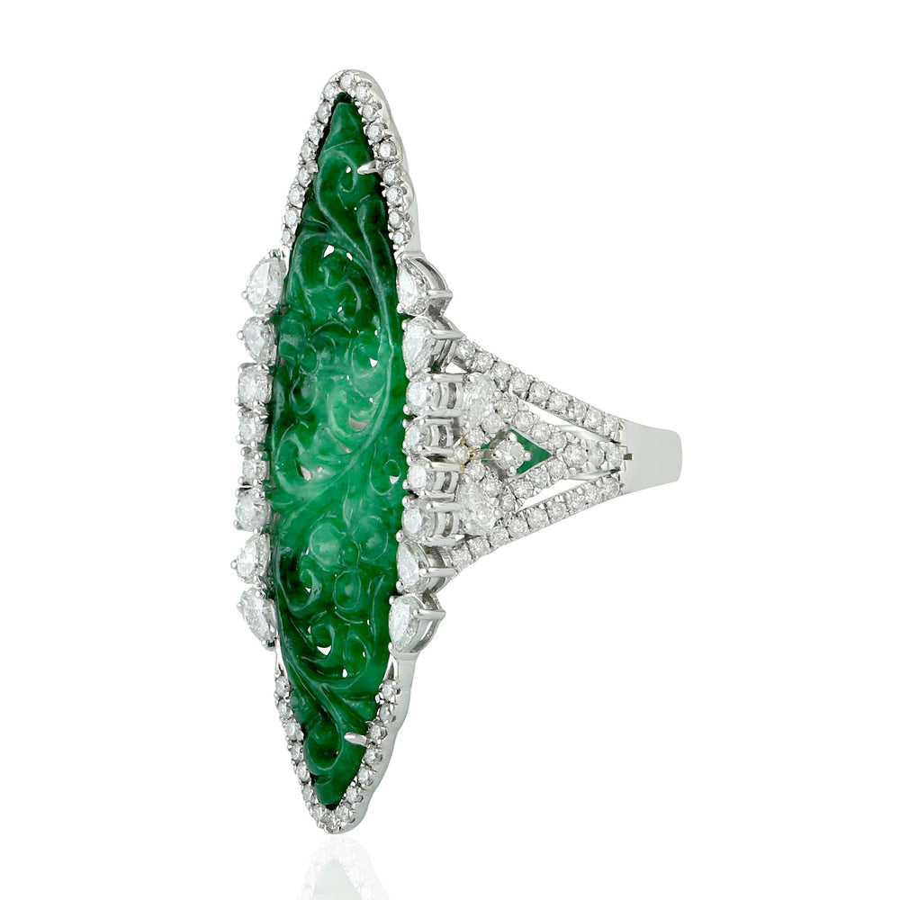 Handcarved Filigree Jade Diamond Marquise Shape Long Ring In 18k White Gold