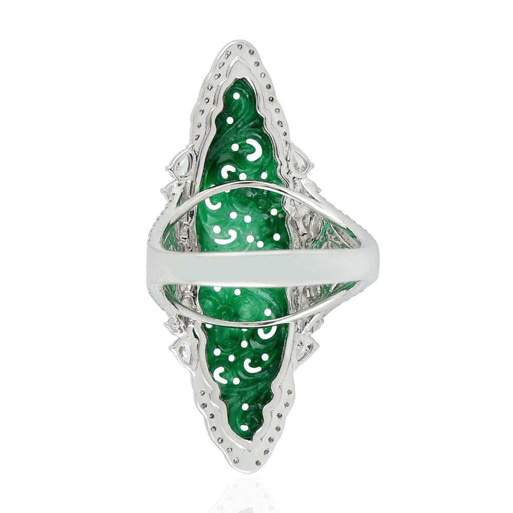 Hand Carved Marquise Cut Jade Rose Cut Diamond Long Ring In 18k White Gold