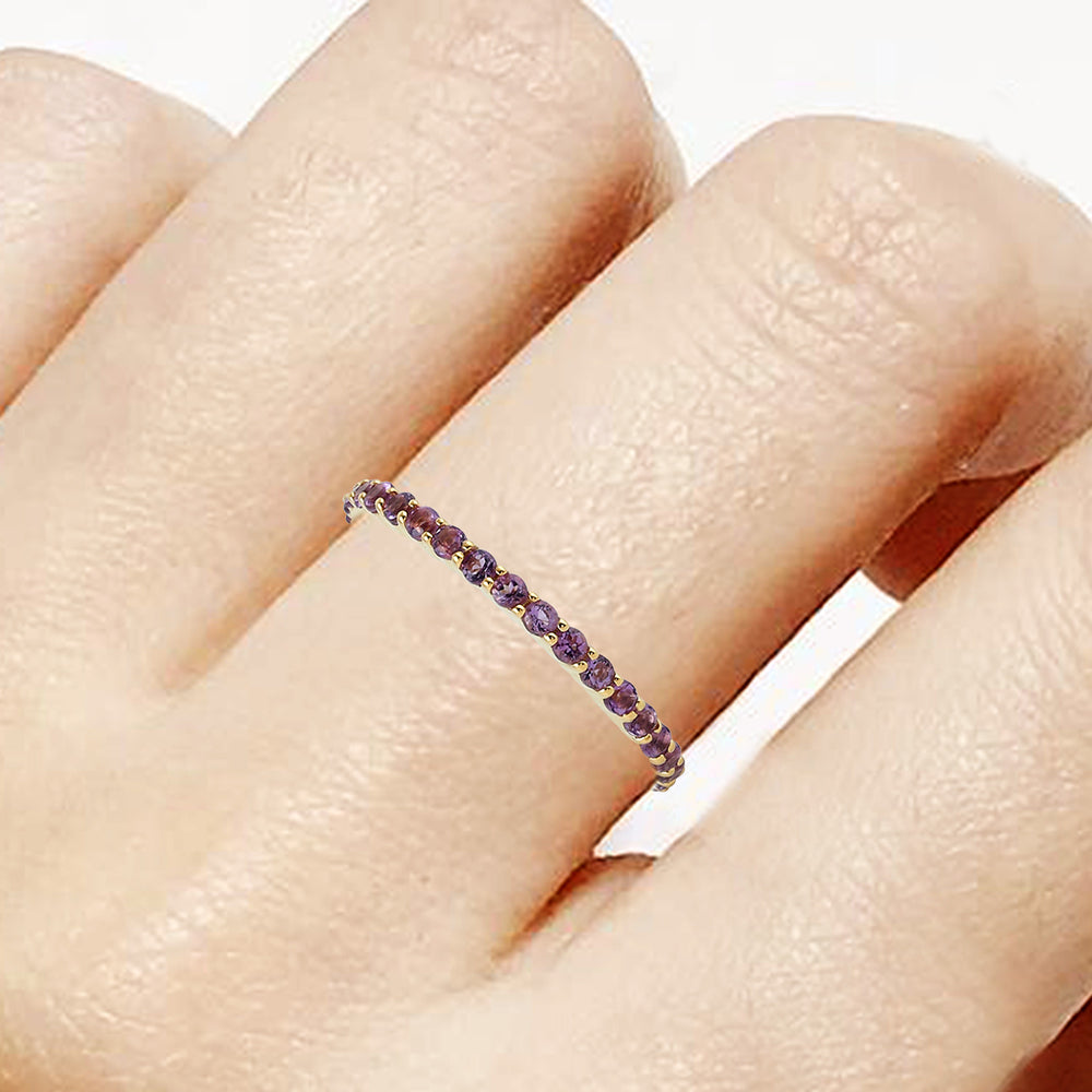 Pave Amethyst Gemstone Thin Band Ring In 18K Yellow Gold
