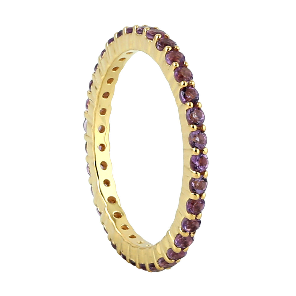Pave Amethyst Gemstone Thin Band Ring In 18K Yellow Gold