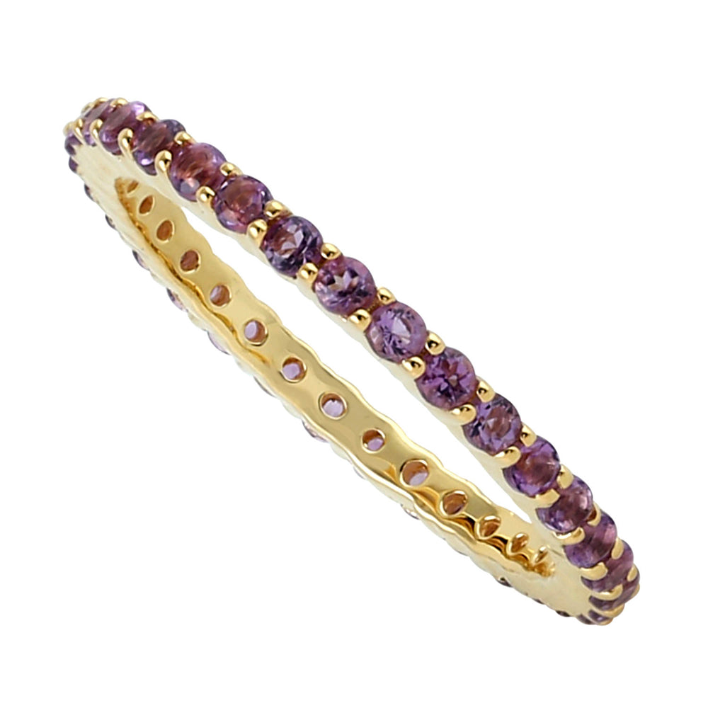 Pave Amethyst Gemstone Thin Band Ring In 18K Yellow Gold