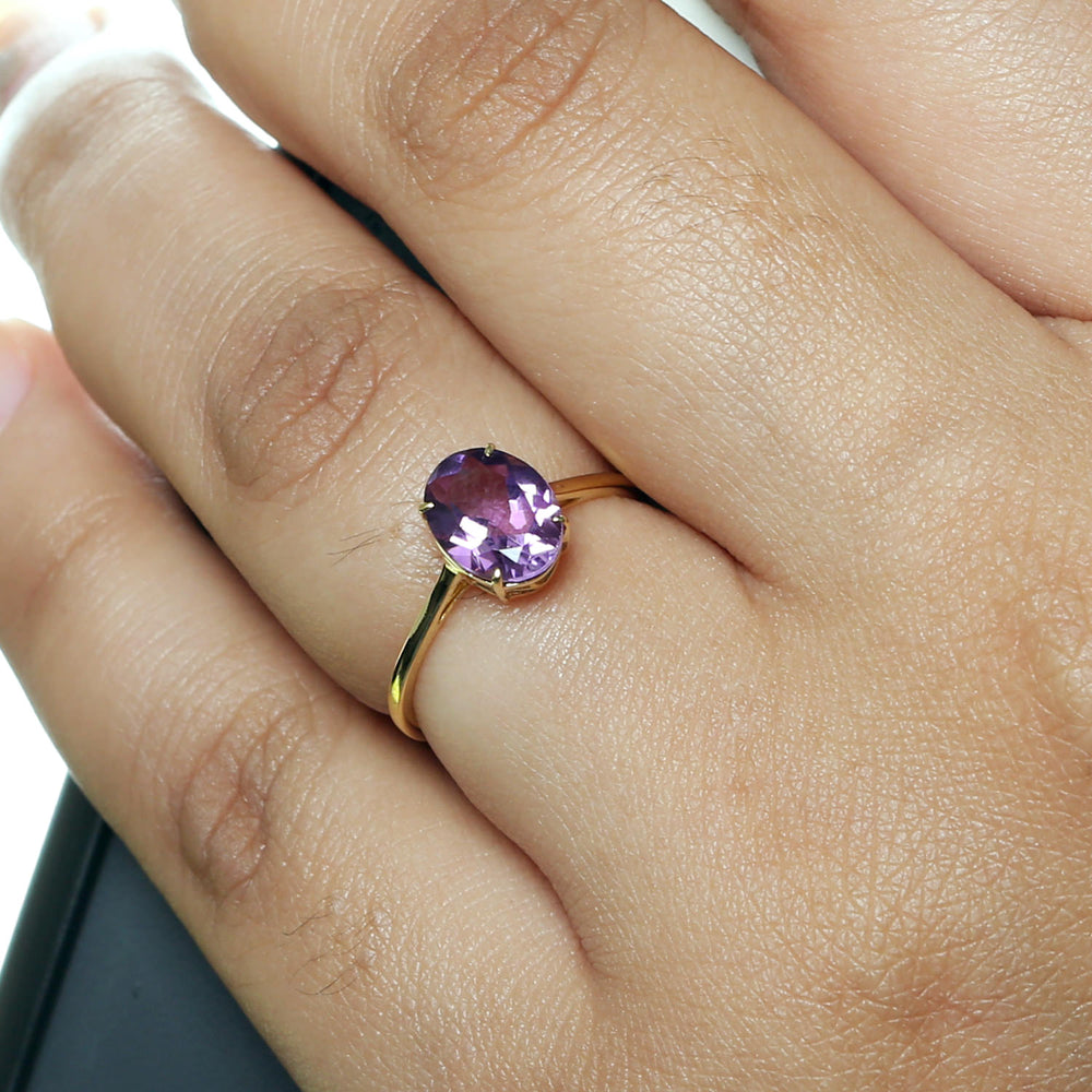 14K Yellow Gold Oval Cut Amethyst Gemstone Ring For Women's