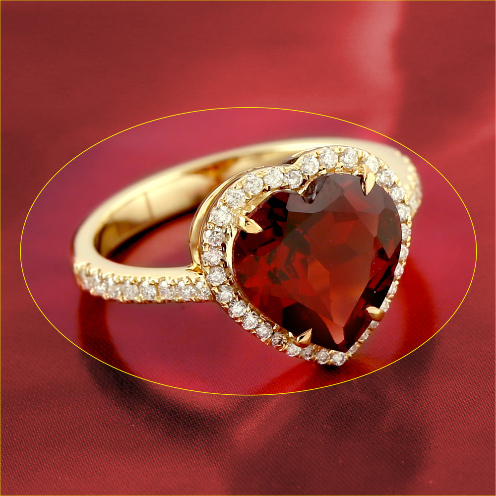 Garnet January Birthstone Pave Diamond Heart Shape Ring In Yellow Gold