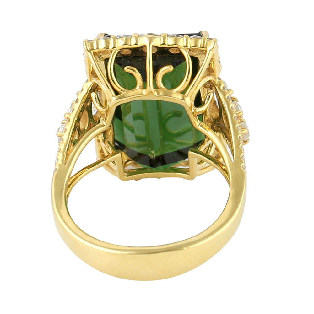 Green Tourmaline Gemstone Prong Uncut Diamond Cocktail Ring In 18k Yellow Gold
