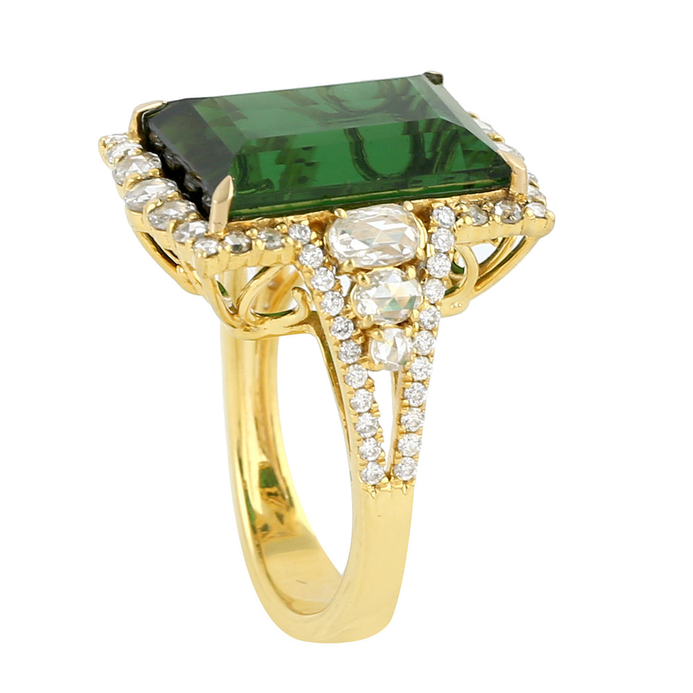 Green Tourmaline Gemstone Prong Uncut Diamond Cocktail Ring In 18k Yellow Gold