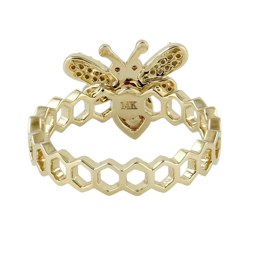 Bezel Ruby Pave Diamond Honeybee Band Ring In 14K Yellow Gold