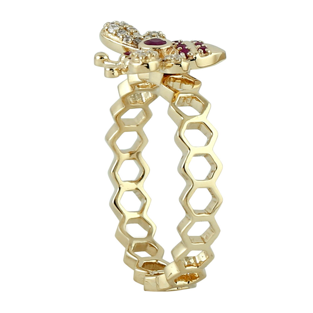 Bezel Ruby Pave Diamond Honeybee Band Ring In 14K Yellow Gold