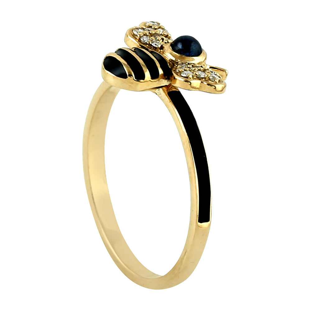 Blue Sapphire Pave Diamond Enamel Honeybee Ring In 18K Yellow Gold