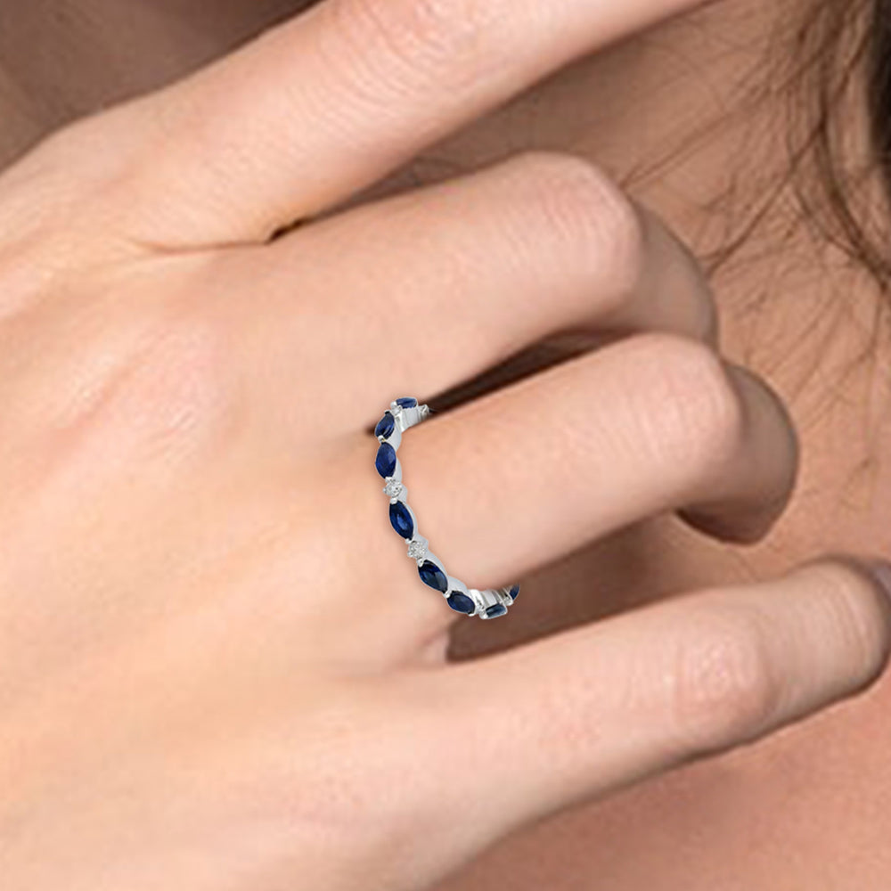 Marquise Blue Sapphire Prong Diamond Band Ring In 14K White Gold