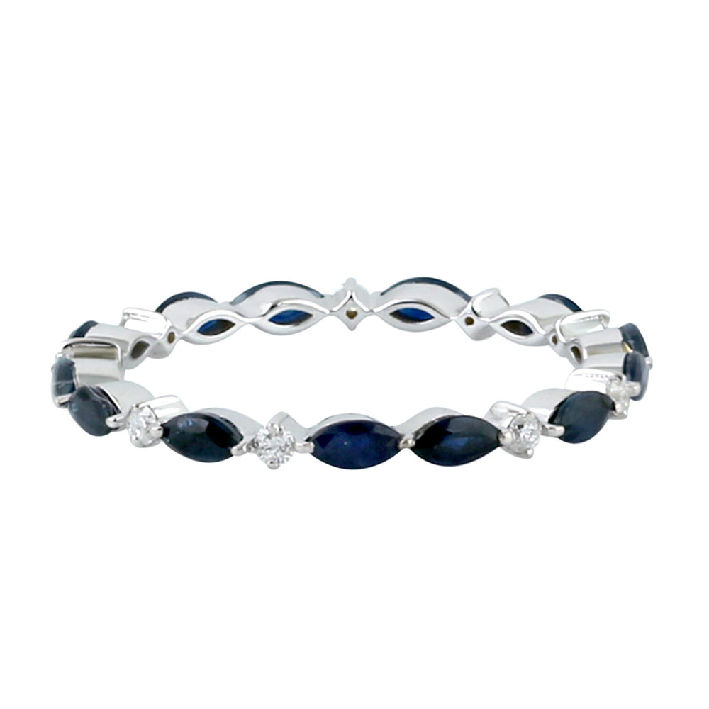 Marquise Blue Sapphire Prong Diamond Band Ring In 14K White Gold