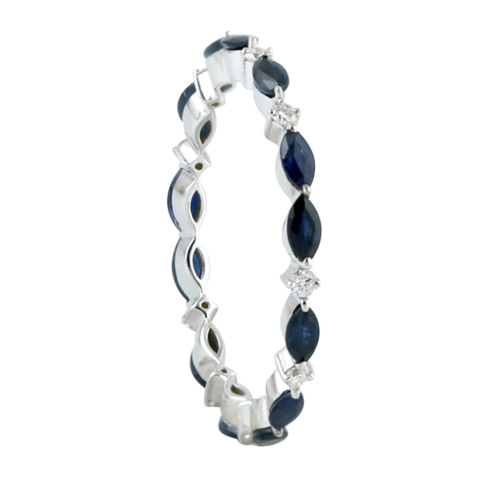 Marquise Blue Sapphire Prong Diamond Band Ring In 14K White Gold