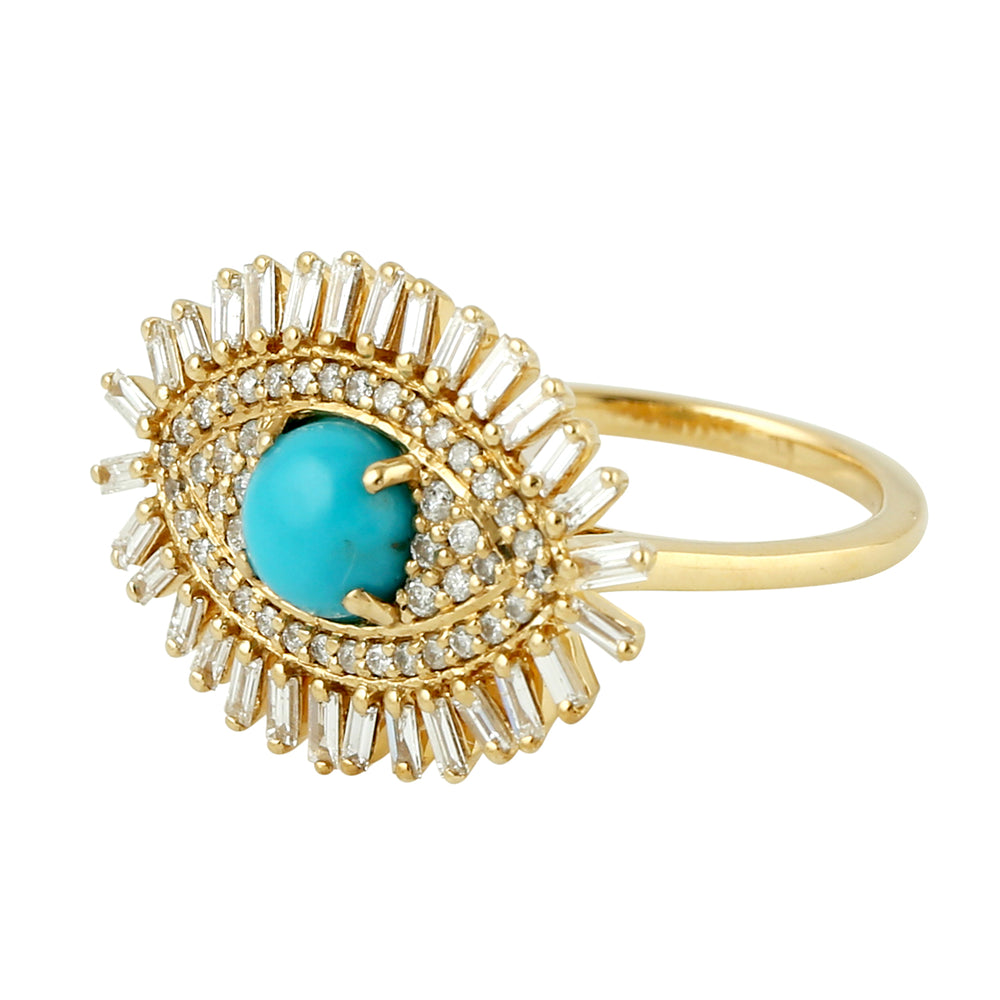 Baguette Cut Diamond Prong Turquoise Gemstone Evil Eye Ring In 18K Yellow Gold