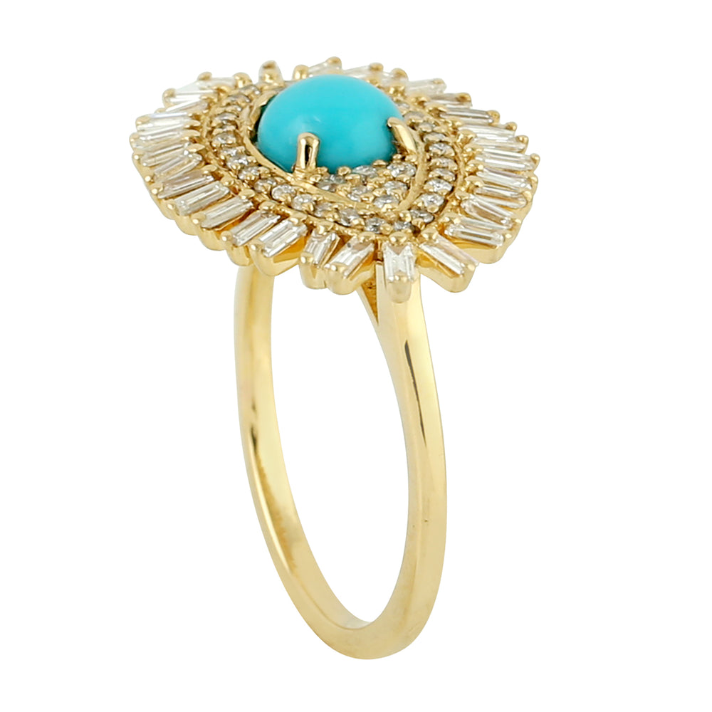 Baguette Cut Diamond Prong Turquoise Gemstone Evil Eye Ring In 18K Yellow Gold