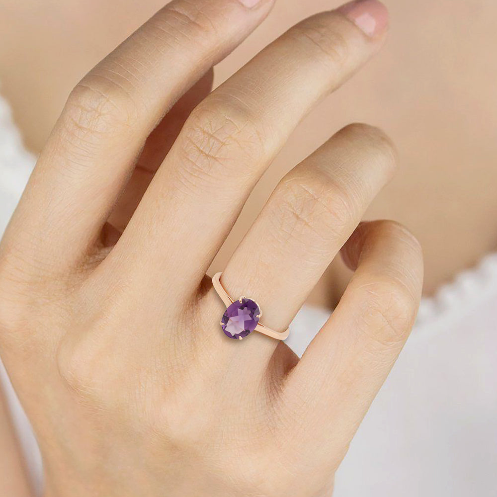 Oval Cut Amethyst February Birthstone Solitaire Ring In 10K Rose Gold