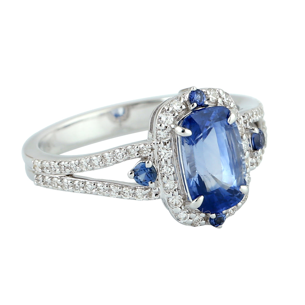 Cushion Cut Blue Sapphire Prong Diamond Solitaire Ring In 18K White Gold