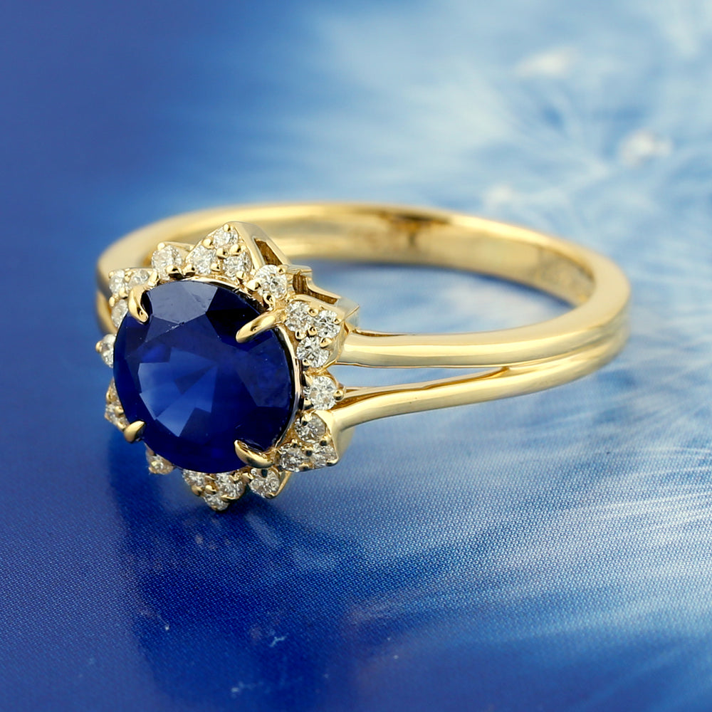 Natural Blue Sapphire Prong Diamond Solitaire Ring In 18K Yellow Gold For Women's