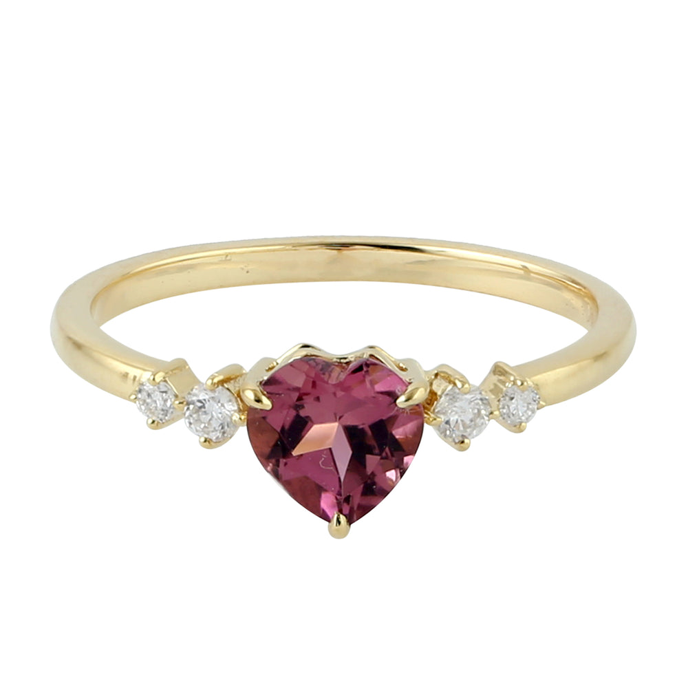 Pink Tourmaline Prong Diamond Heart Ring In Yellow Gold