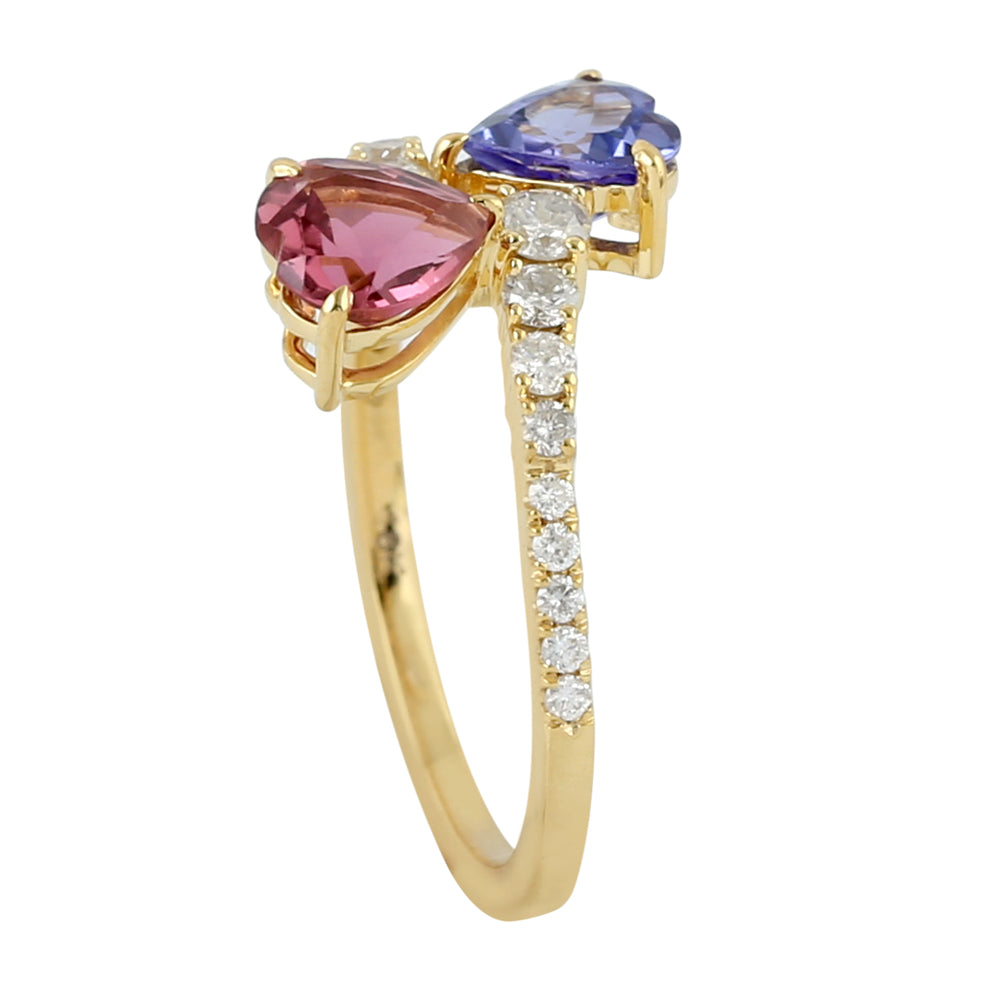 Tanzanite and Tourmaline Pave Diamond Heart Bypass Ring In Gold