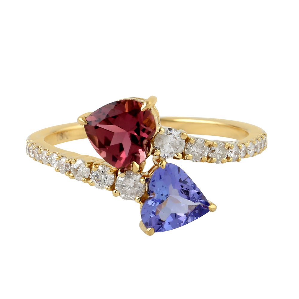 Heart Design Tourmaline Tanzanite Bypass Diamond Ring In 18k Yellow Gold