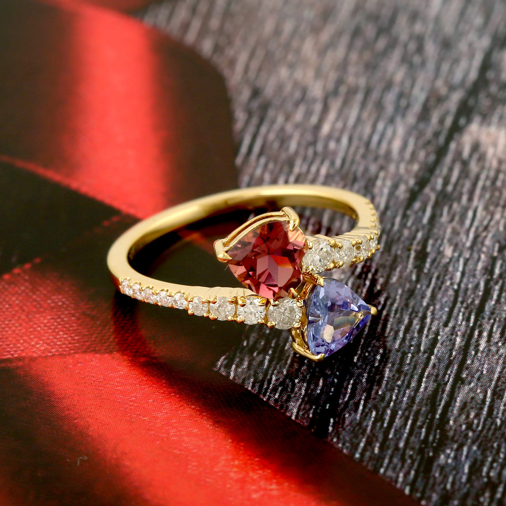 Heart Design Tourmaline Tanzanite Bypass Diamond Ring In 18k Yellow Gold