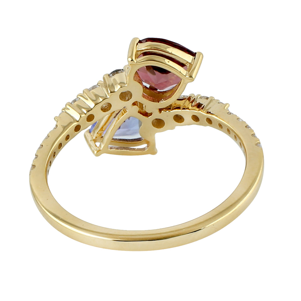 Pink Tourmaline & Tanzanite Pave Diamond Heart Bypass Ring In 18k Yellow Gold
